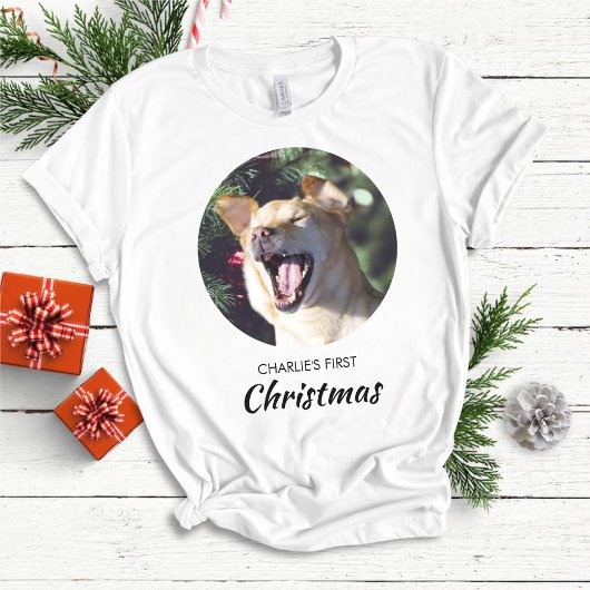 おもしろい犬初めてのクリスマスパーソナライズされたドッグフォト Tシャツ