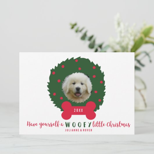 おもしろい犬恋人のクリスマスリースあなたの犬の写真 シーズンカード (スタンド正面)