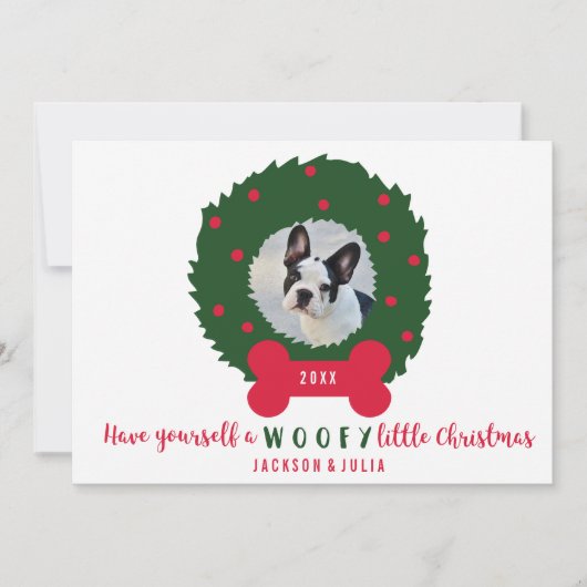 おもしろい犬恋人のクリスマスリースと犬の写真 シーズンカード (正面)