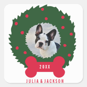 おもしろい犬恋人のクリスマスリースと犬の写真 スクエアシール