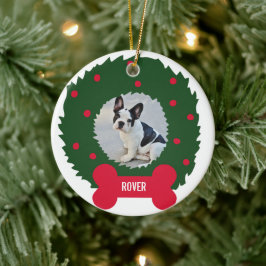 おもしろい犬恋人のクリスマスリースと犬の写真 セラミックオーナメント