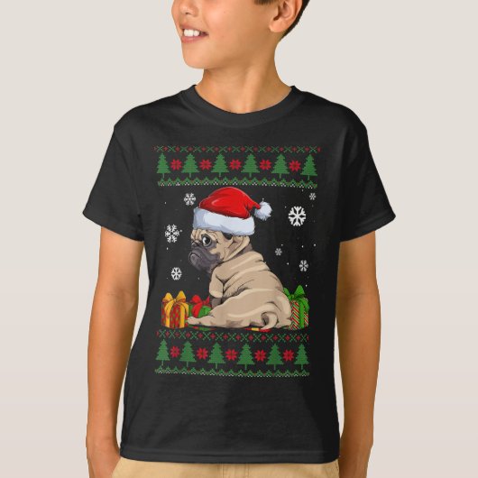 おもしろい犬愛好家かわいいパグサンタハット醜いクリスマス Tシャツ (正面)