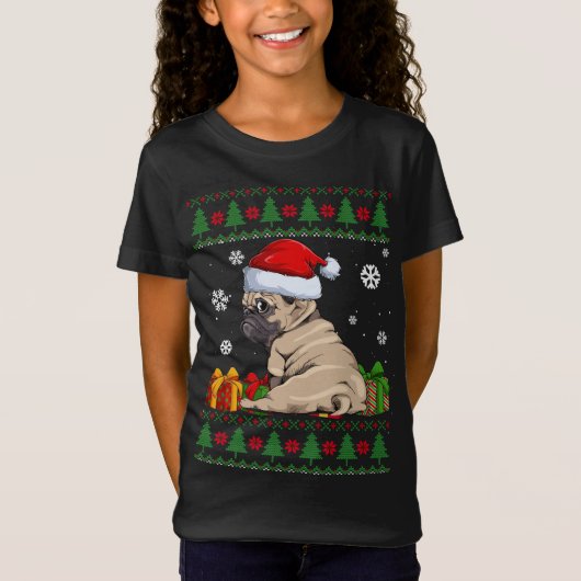 おもしろい犬愛好家かわいいパグサンタハット醜いクリスマス Tシャツ (正面)