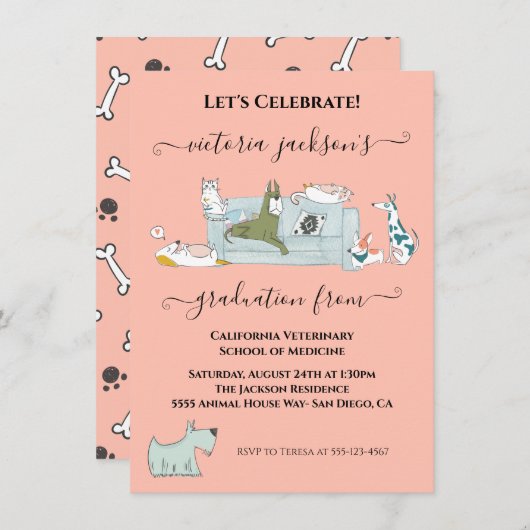 おもしろい犬猫獣医学校卒業 招待状 (正面/裏面)