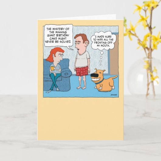 おもしろい犬食べジャイアントお誕生日ケーキ誕生日 カード (黄色い花)