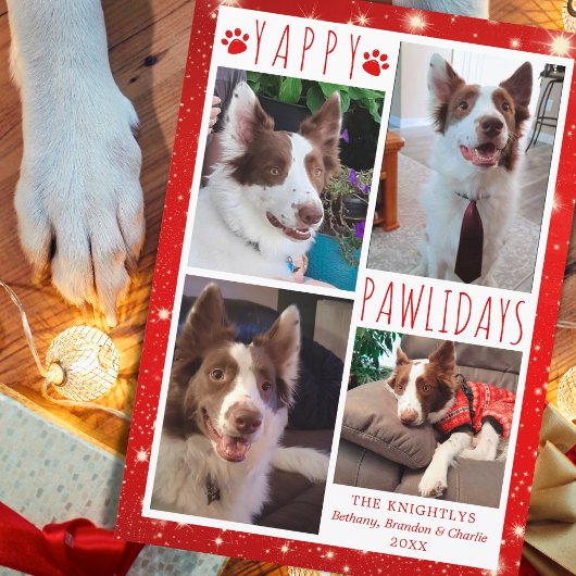 おもしろい犬4フォトコラージュYAPPY PAWLIDAYS赤 シーズンカード