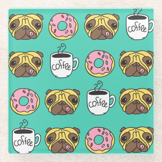おもしろい犬、ドーナツ、コーヒーパターン。 ガラスコースター (正面)
