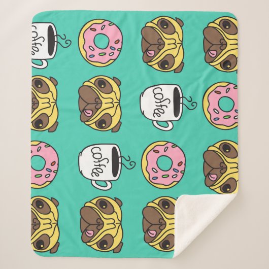 おもしろい犬、ドーナツ、コーヒーパターン。 シェルパブランケット (正面)