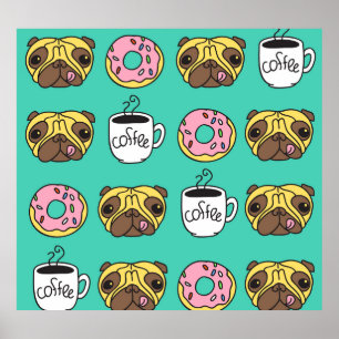 おもしろい犬、ドーナツ、コーヒーパターン。 ポスター