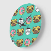おもしろい犬、ドーナツ、コーヒーパターン。 ラージ壁時計 (傾斜)