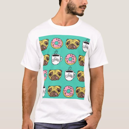 おもしろい犬、ドーナツ、コーヒーパターン。 Tシャツ (正面)