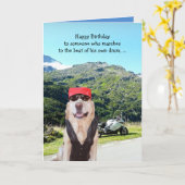 おもしろい犬/ラボ誕生日(男性用バイクもしくは自転車に乗る人) カード (黄色い花)