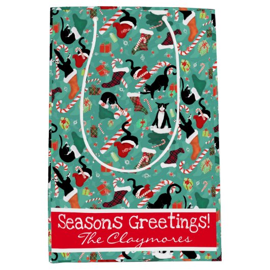 おもしろい猫とストッキングのカスタム ミディアム ギフトバッグ (正面)