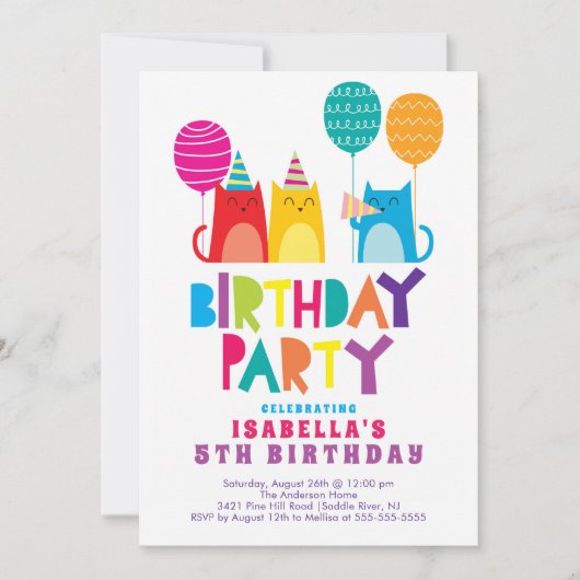 おもしろい猫の誕生日パーティーの招待状 招待状 (正面)