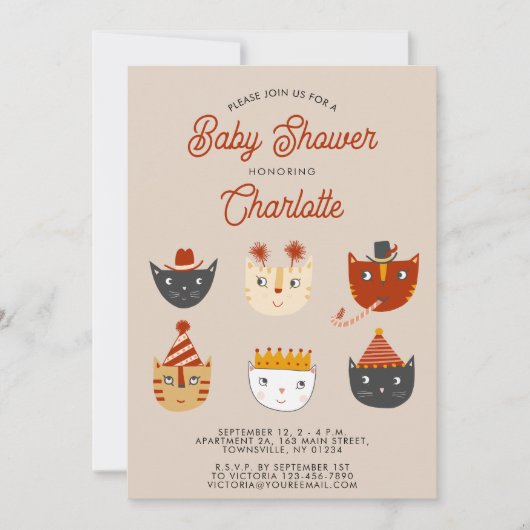 おもしろい猫パーソナライズされた赤ちゃんシャワー 招待状 (正面)