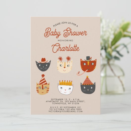 おもしろい猫パーソナライズされた赤ちゃんシャワー 招待状 (スタンド正面)