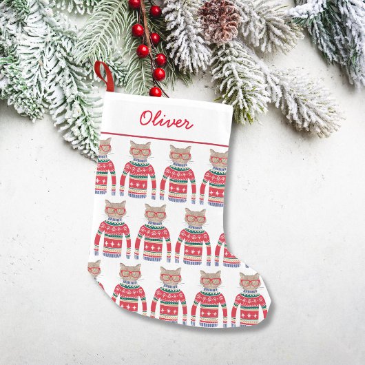 おもしろい猫好き猫が醜いクリスマスセーターを着る スモールクリスマスストッキング