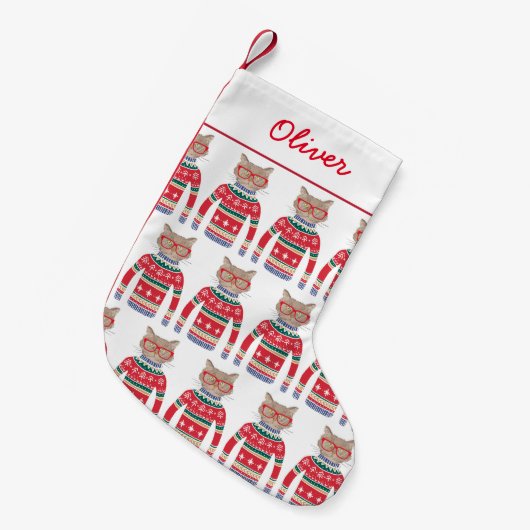 おもしろい猫好き猫が醜いクリスマスセーターを着る スモールクリスマスストッキング (正面 (吊り時))