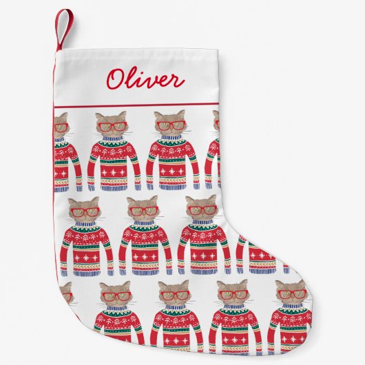 おもしろい猫好き猫が醜いクリスマスセーターを着る スモールクリスマスストッキング (正面)