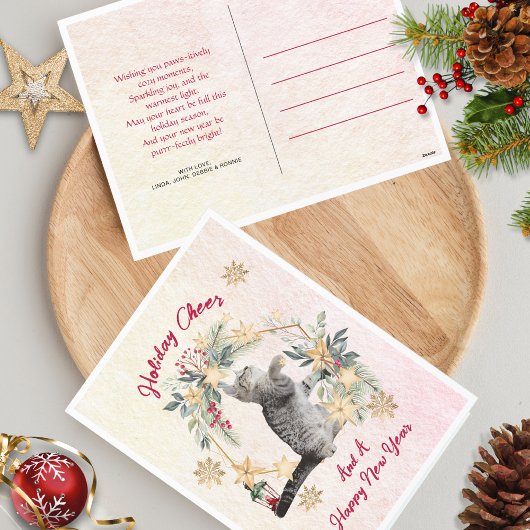 おもしろい猫金ゴールド雪片ハッピーニューイヤー・クリスマス シーズンポストカード