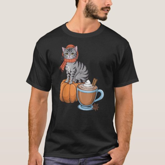 おもしろい猫 パンプキンスパイスコーヒー 感謝祭 秋 Tシャツ (正面)