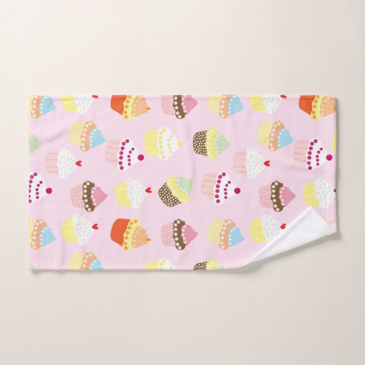 おもしろい甘いカップケーキデザートパターンonピンク バスタオルセット (ハンドタオル)
