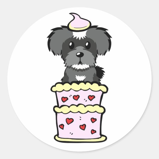 おもしろい生犬がケーキから飛び出す ラウンドシール (正面)