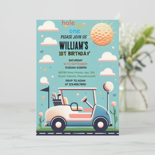 おもしろい男の子かわいいゴルフホール1歳1歳の誕生日 招待状 (スタンド正面)