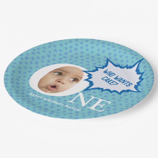 おもしろい男の赤ちゃん写真コラージュパーソナライズされた ペーパープレート (アングル)