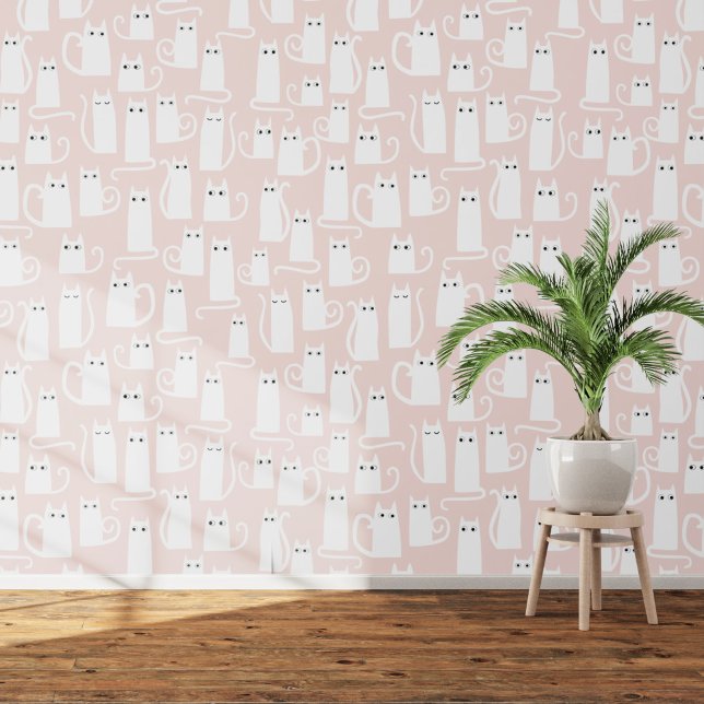 おもしろい白と赤面ピンク猫のパターン 壁紙 (White kitty cats on blush pink art wallpaper)