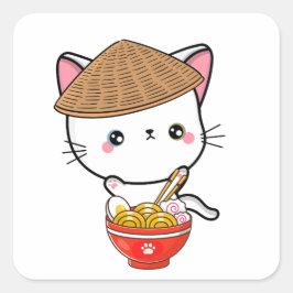 おもしろい白猫は食べ物麺 スクエアシール