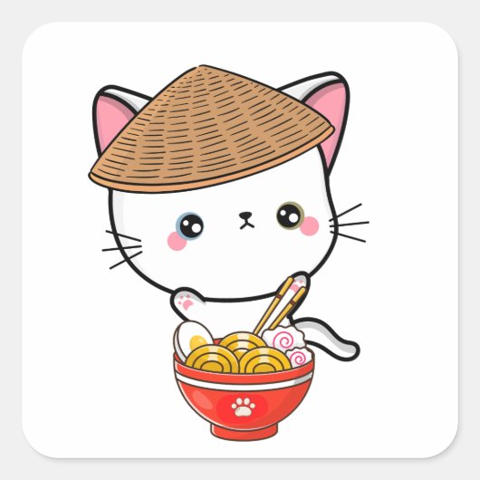 おもしろい白猫は食べ物麺 スクエアシール (正面)