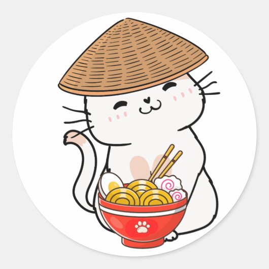 おもしろい白猫は食べ物麺 ラウンドシール (正面)