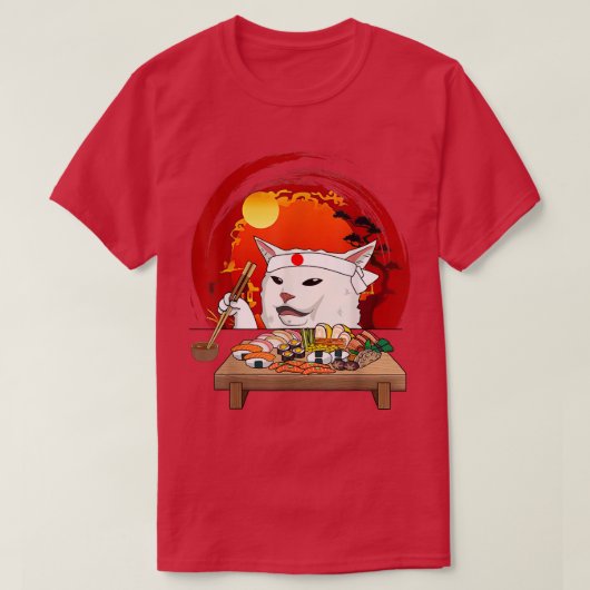 おもしろい白猫ミームの食べすしかわいいすし猫 Tシャツ (デザイン正面)