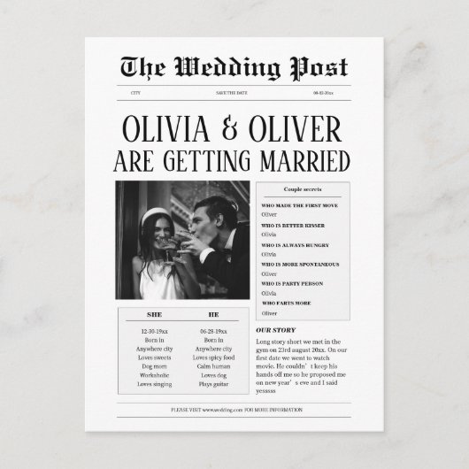 おもしろい白黒新聞の写結婚真 ポストカード (正面)