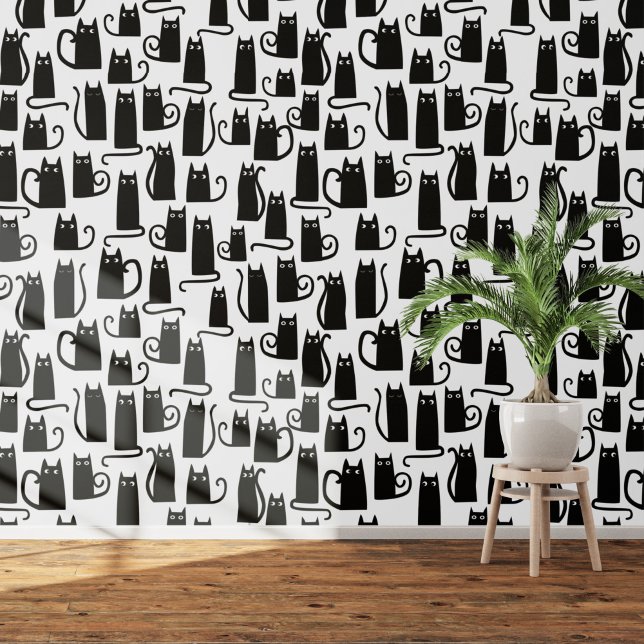 おもしろい白黒猫パターン 壁紙 (Black cats on white  art wallpaper)