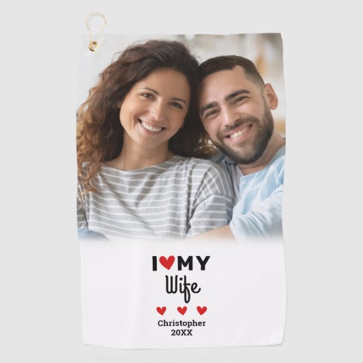 おもしろい私のハートは私の妻のフォトゴルファーかわいいモダン愛 ゴルフタオル (正面)