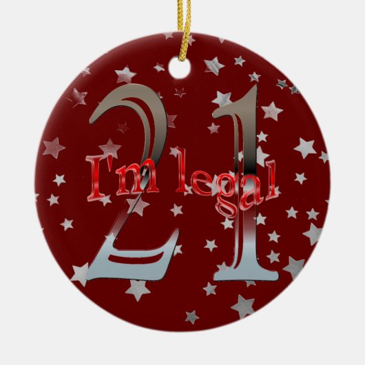おもしろい私は法的第21誕生日の星の赤のクリスマスです セラミックオーナメント (正面)