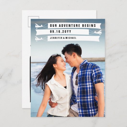 おもしろい私達の冒険は写真の結婚式を始めます 案内ポストカード (正面/裏面)