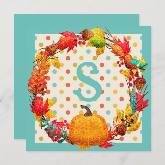 おもしろい秋カボチャリース水玉模様ティール（緑がかった色）オレンジかわいい シーズンカード (正面/裏面)