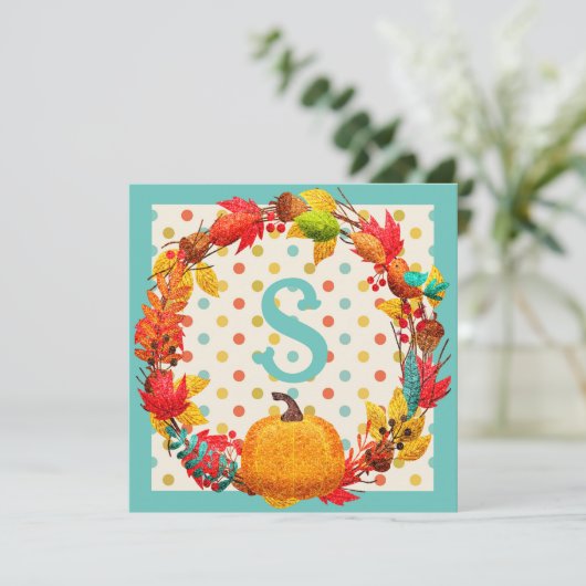おもしろい秋カボチャリース水玉模様ティール（緑がかった色）オレンジかわいい シーズンカード