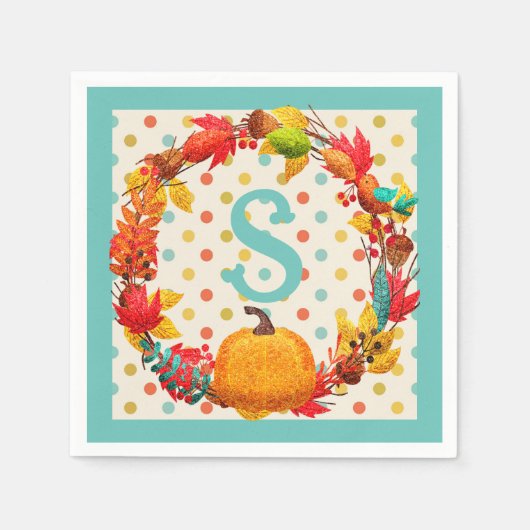 おもしろい秋カボチャリース水玉模様ティール(緑がかった色)オレンジかわいい スタンダードカクテルナプキン (正面)