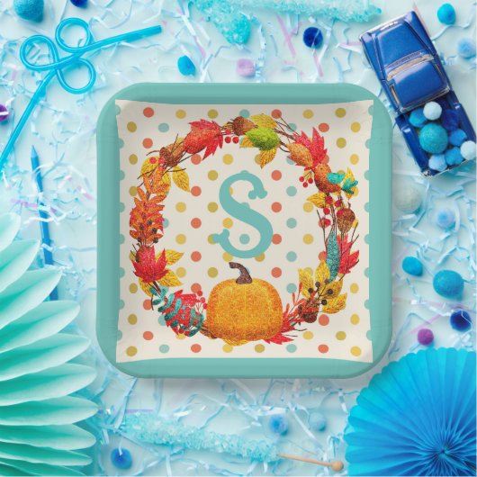 おもしろい秋カボチャリース水玉模様ティール（緑がかった色）オレンジかわいい ペーパープレート (パーティー)