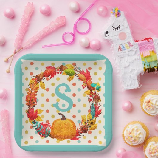 おもしろい秋カボチャリース水玉模様ティール（緑がかった色）オレンジかわいい ペーパープレート (パーティー)