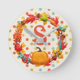 おもしろい秋カボチャリース水玉模様ティール（緑がかった色）オレンジかわいい ラウンド壁時計