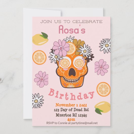 おもしろい秋ピンクシュガースカル誕生日招待状 招待状 (正面)