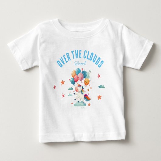 おもしろい空飛ぶユニコーンの虹色の1歳誕生日 ベビーTシャツ (正面)
