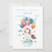 おもしろい空飛ぶユニコーンの虹色の1歳誕生日 招待状 (正面)