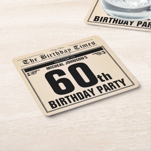 おもしろい第60誕生日ヴィンテージ新聞ユニークカスタム スクエアペーパーコースター (アングル)