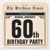 おもしろい第60誕生日ヴィンテージ新聞ユニークカスタム スクエアペーパーコースター (正面)